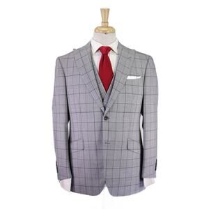 Paul Stuart Navy White Bold Plaid Peak Lapel 3-Piece Wool Suit 40S
